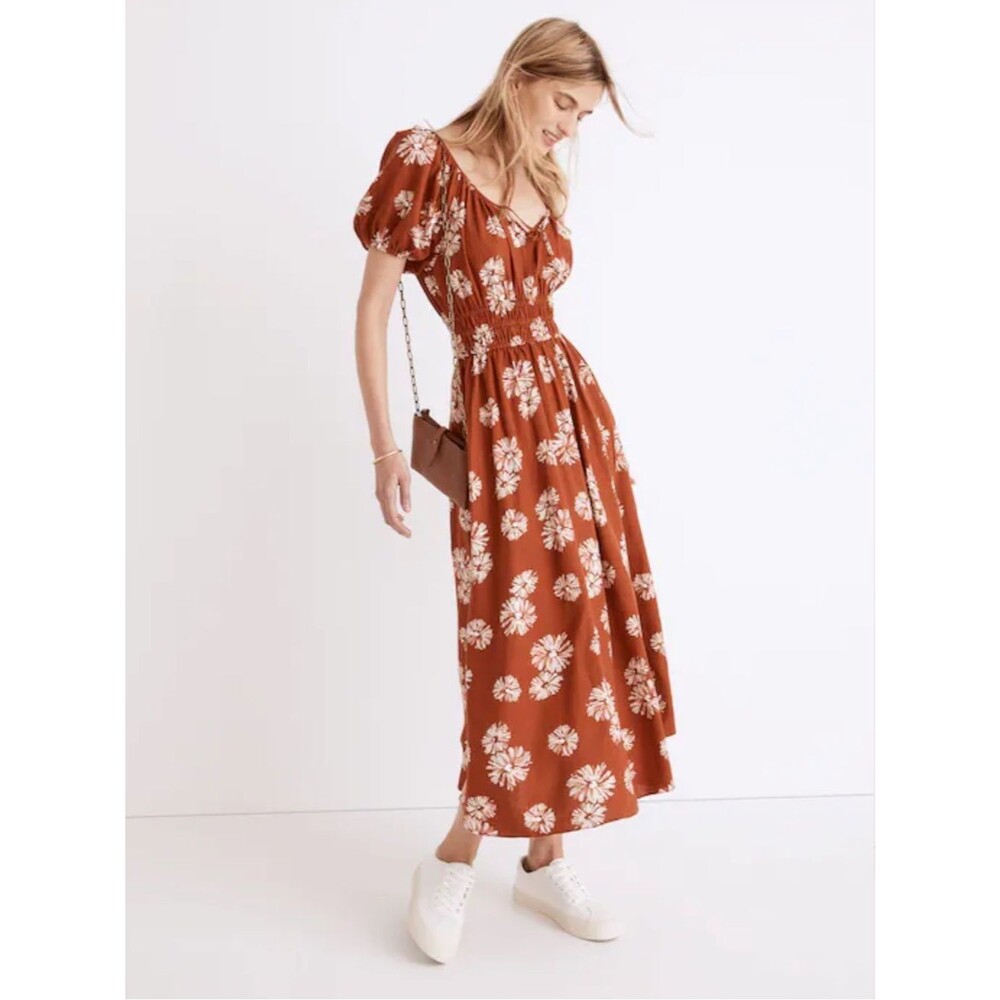 Madewell Linen-Blend Sophia Midi Dress Rust Floral Puff Sleeve Fall pockets Med - Picture 3 of 12